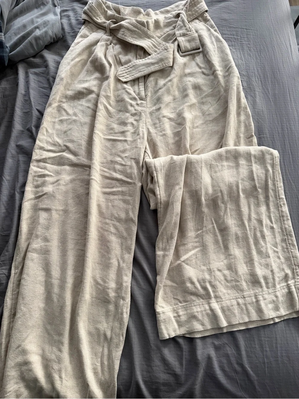 H&M Cream Paperbag Waist Wide-Leg Pants with Tie Belt